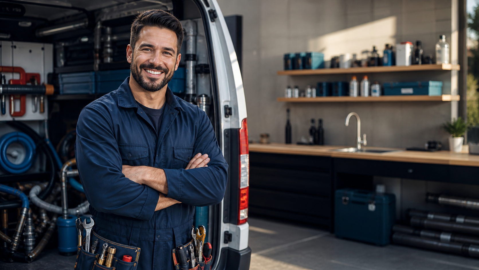 Técnico de plomería preparado para una visita de servicio